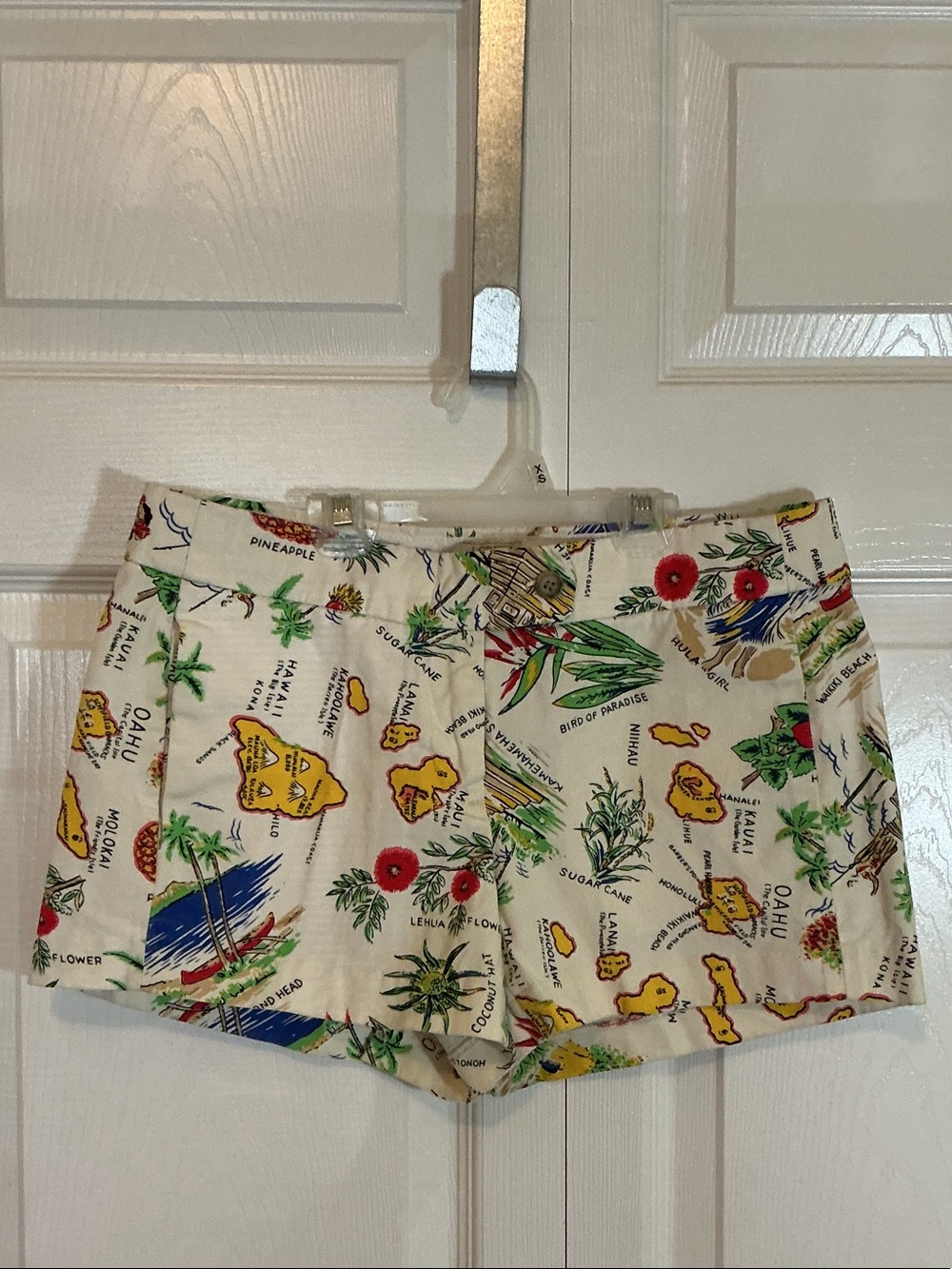 J. Crew Cream Hawaiian Map Print Cotton Shorts with Yellow & Green Accents